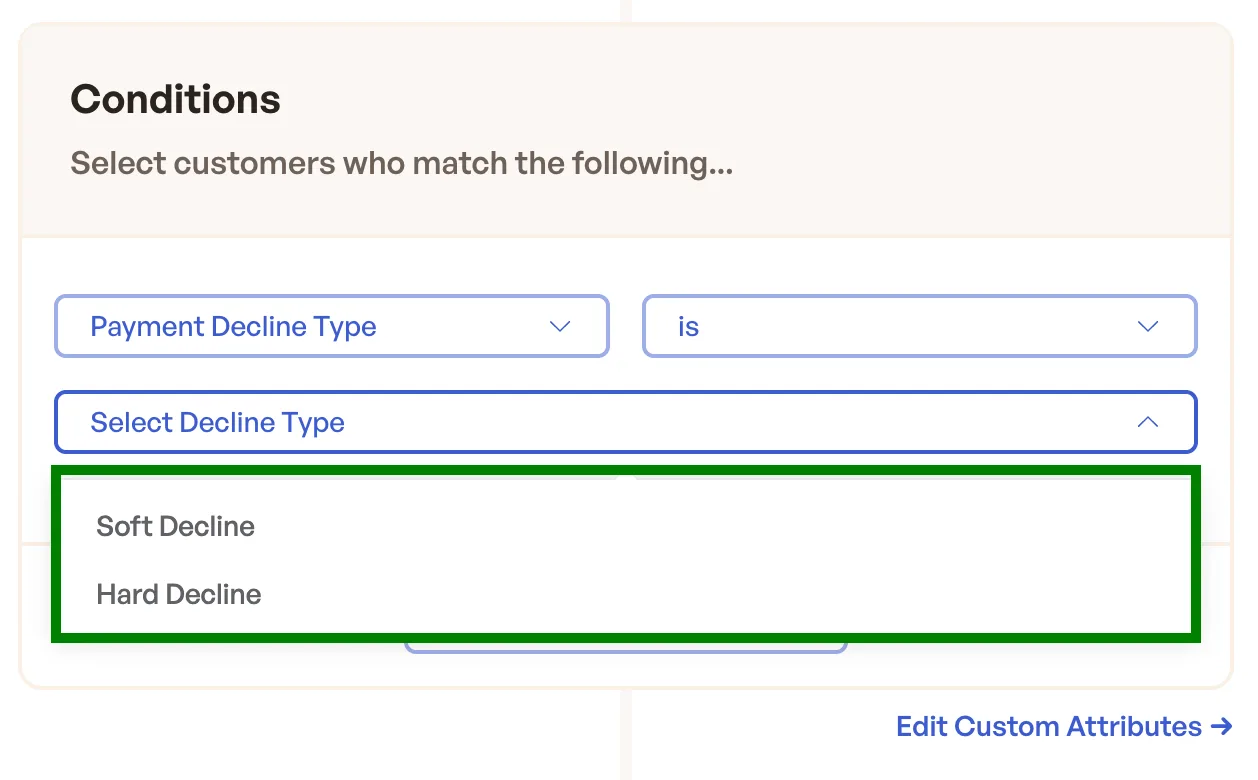 Segment dunning emails by soft and hard declines in Churnkey. Screenshot of where this feature is located.
