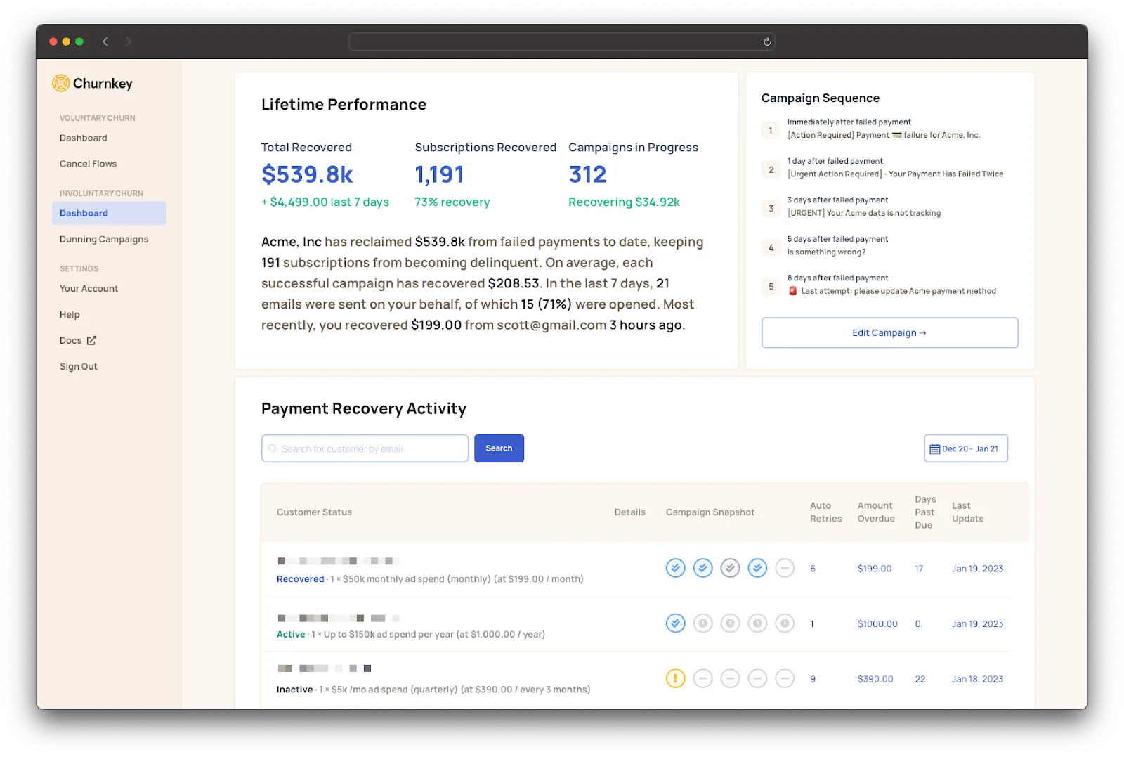 Churnkey's Dunning Dashboard