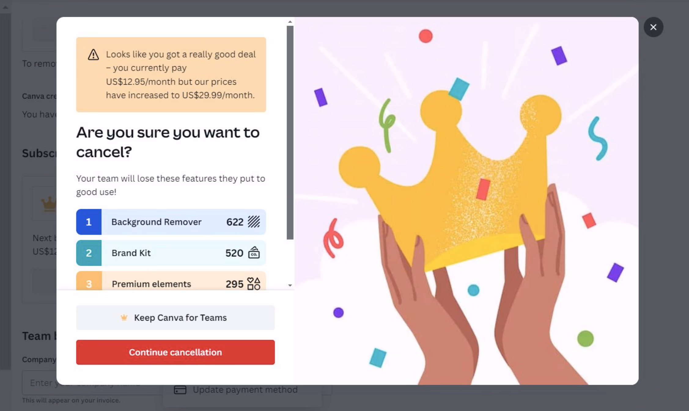 Canva's cancel flow reminding a long-time customer of the deal they would lose