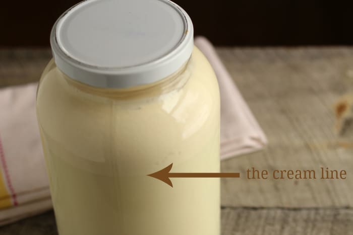 A glass jar of fresh milk with the cream risen to the top, an arrow marking the cream line