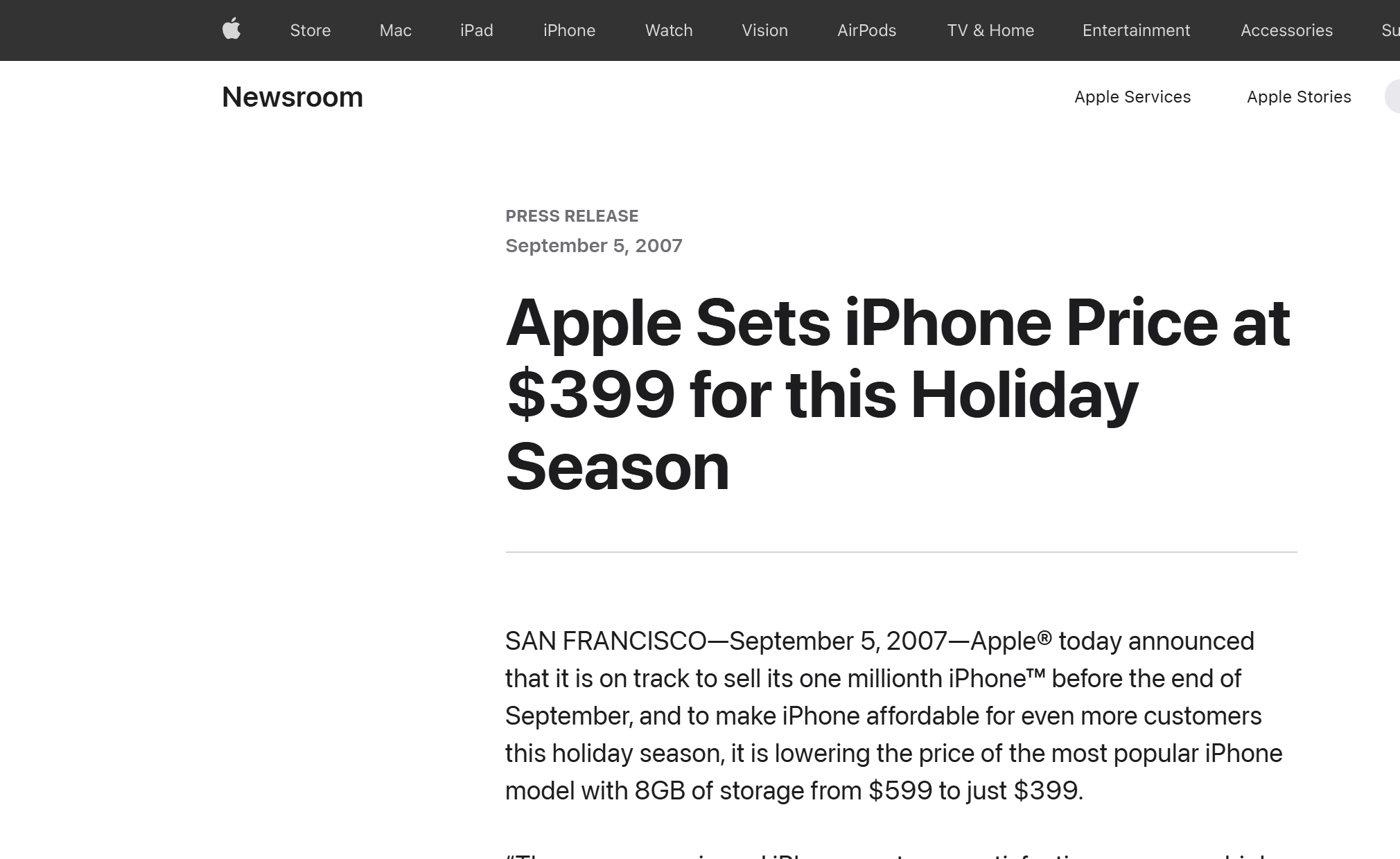 Apple's September 2007 press release lowering the 8GB iPhone from $599 to $399