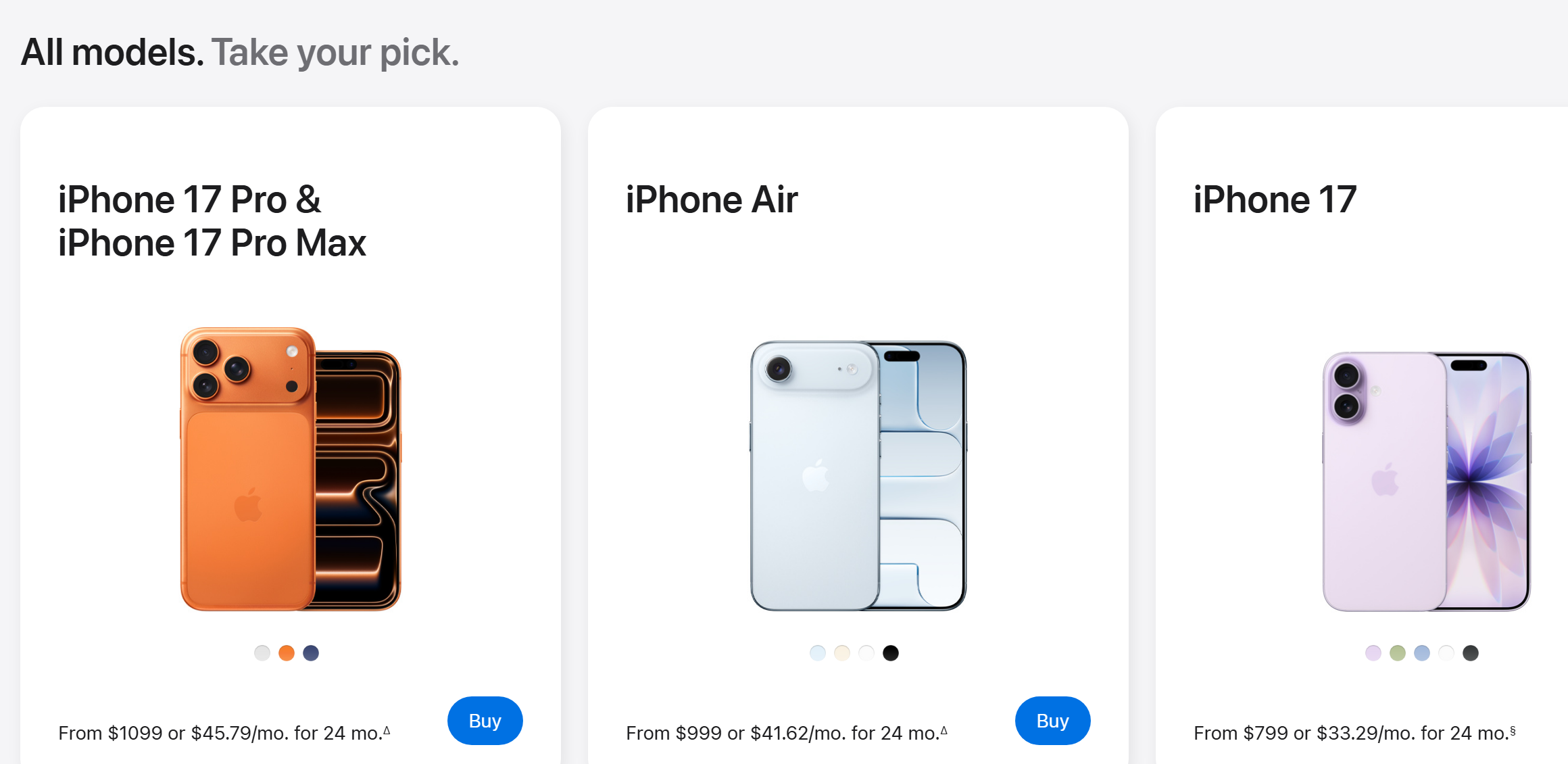 Apple's Shop iPhone page showing three model tiers, iPhone 17 Pro from $1,099, iPhone Air from $999, and iPhone 17 from $799