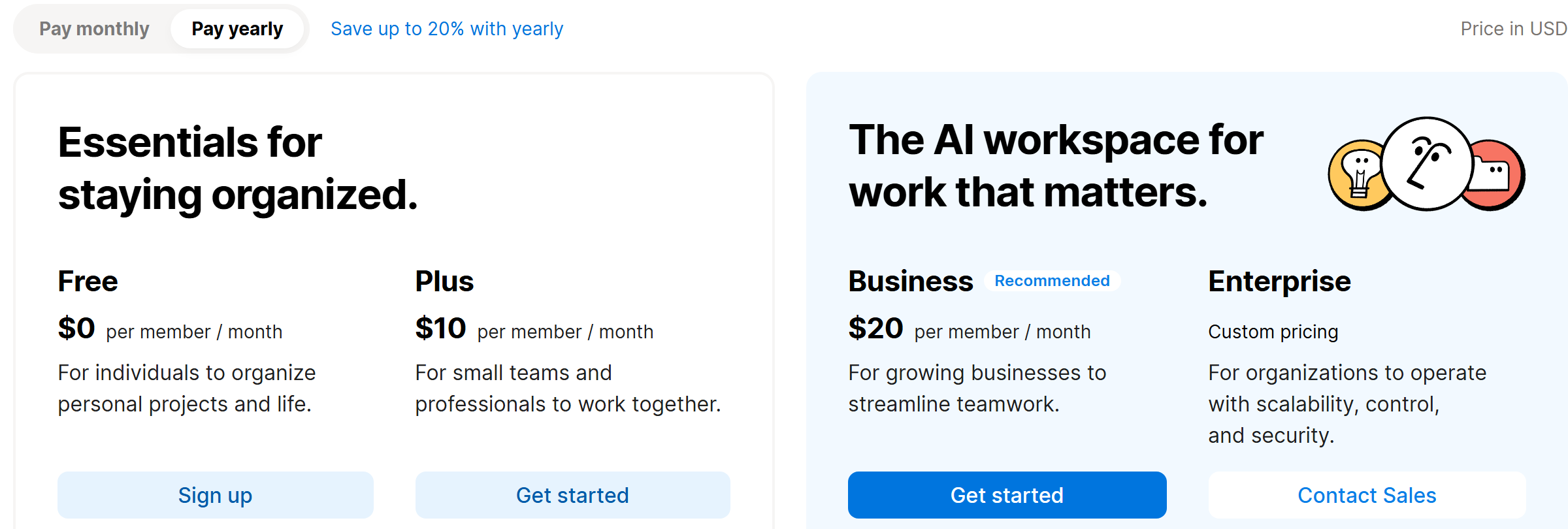 Notion's pricing page showing four tiers, a free plan, Plus at $10 per member, Business at $20 per member, and a custom Enterprise plan