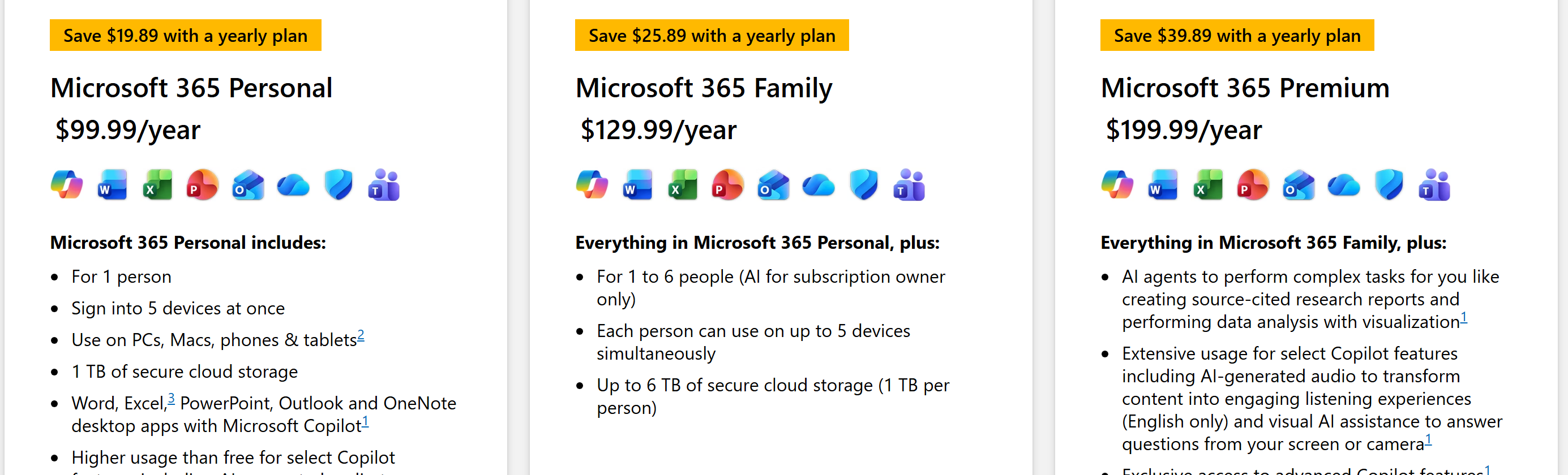 Microsoft 365 pricing showing the Personal, Family, and Premium plans with the app icons and storage each bundle includes
