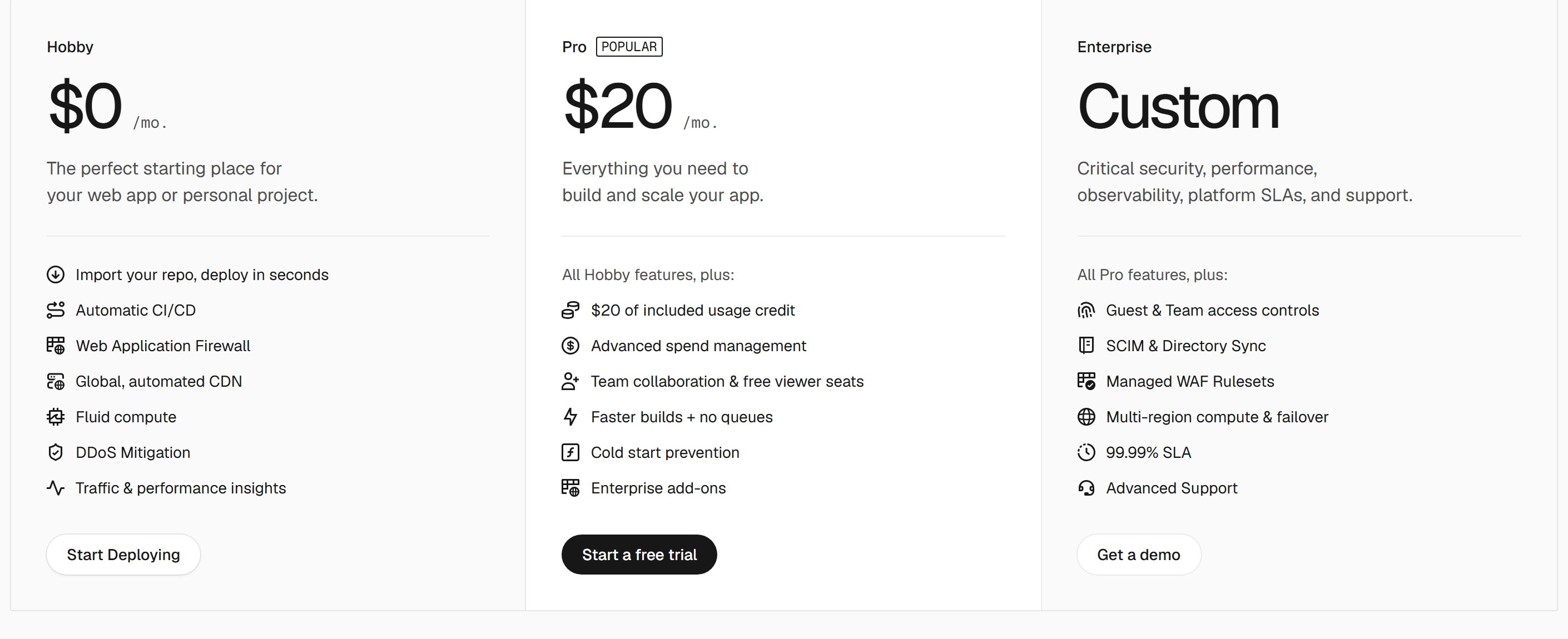 Vercel pricing showing the Hobby, Pro, and Enterprise plans, with the Pro plan including twenty dollars of usage credit