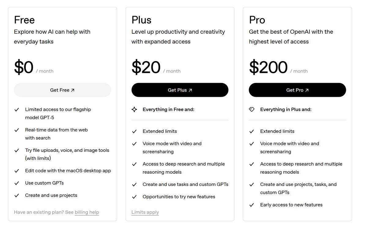 OpenAI's ChatGPT pricing page showing a Free plan at $0, Plus at $20, and the premium Pro plan at a round $200 per month