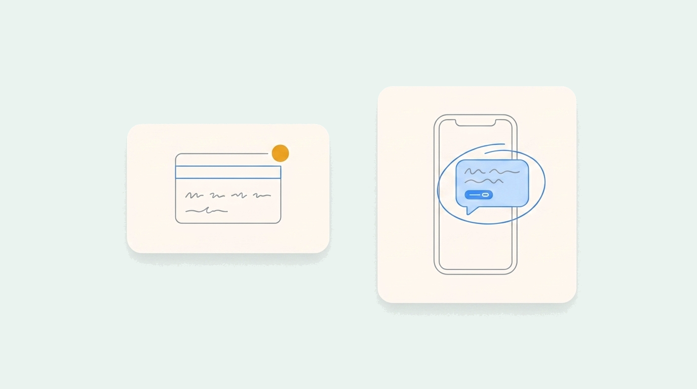 Failed-payment card with an alert dot beside a phone showing a recovery SMS bubble with a payment link