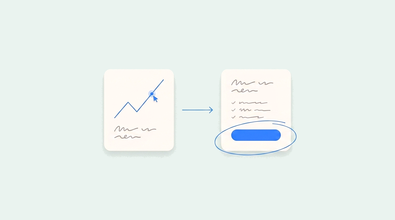 Rising intent line with a cursor at its peak, with an arrow into a paid plan card whose upgrade button is circled