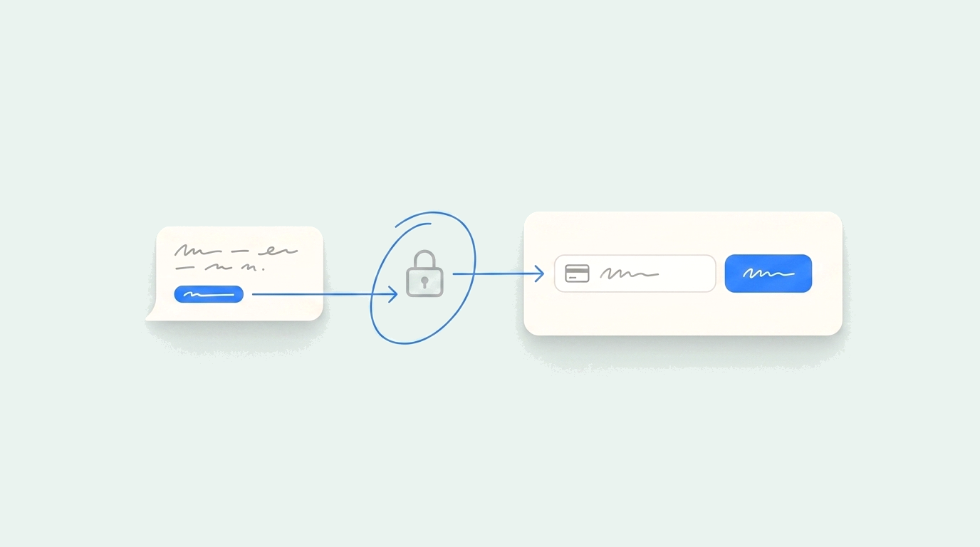 Message link bypassing a circled padlock straight into a payment-update form with a card field and a confirm button