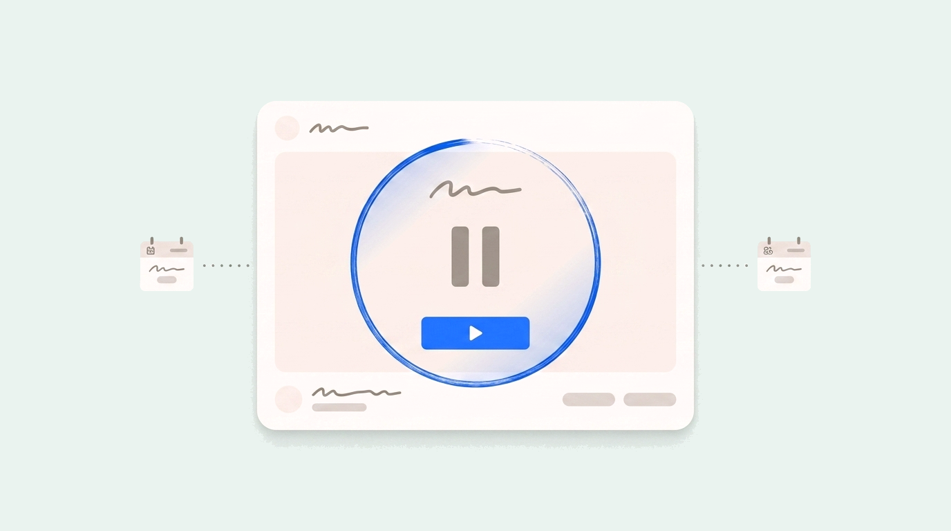 Paused app screen with a pause badge and a one-click resume button, framed by two calendar dates spanning the pause