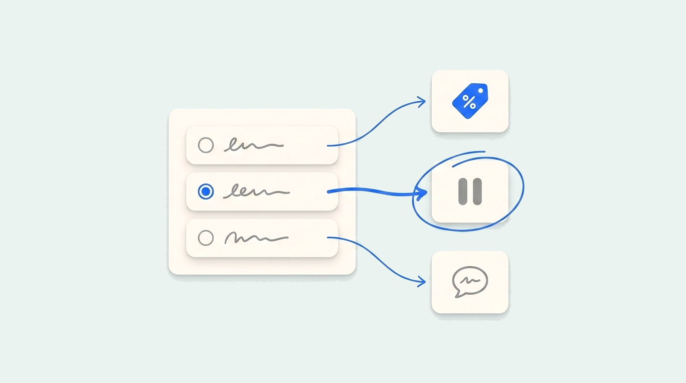 Cancel-reason survey whose three reasons route to different matched offers — a discount tag, a pause, and support chat — with the selected reason’s offer circled